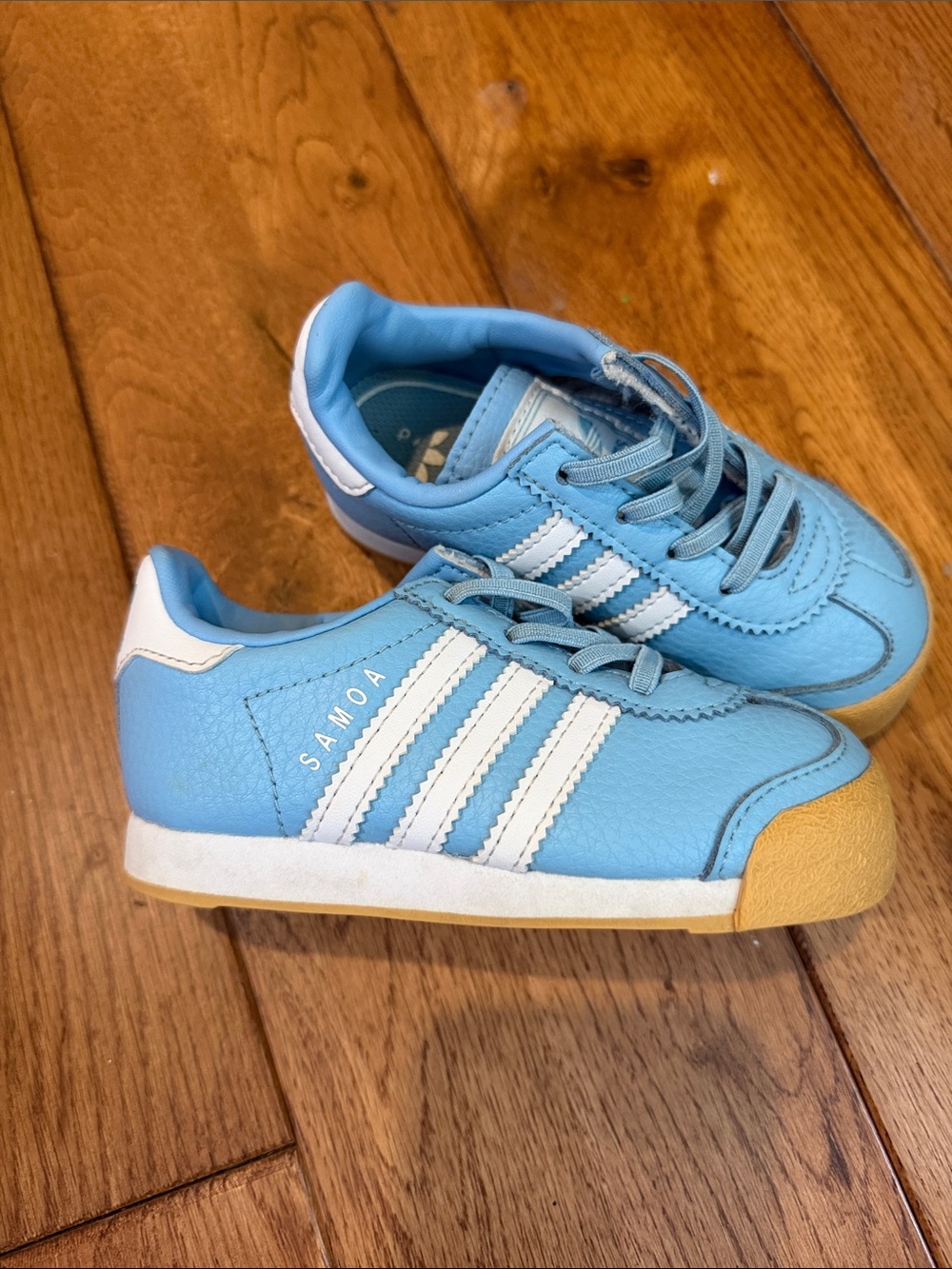 adidas Kids Samoa Sneakers in Light Blue and White with Gum Toe